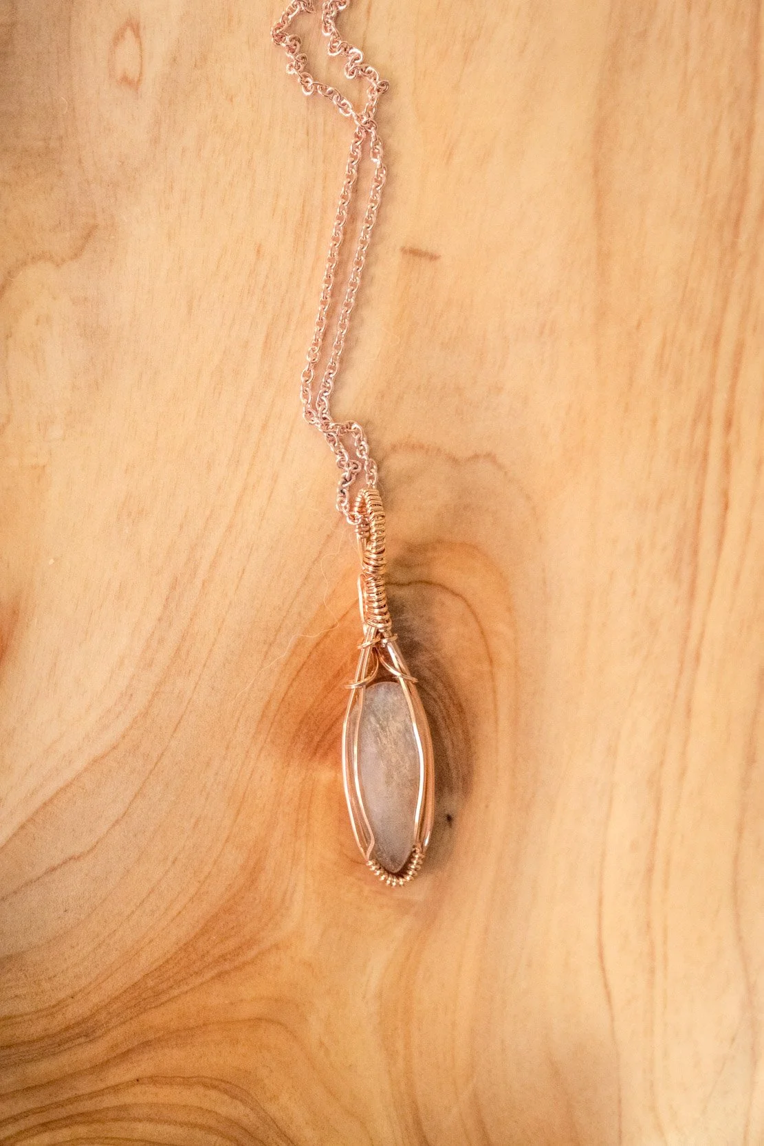 Peach Moonstone wrapped in rose gold-filled wire