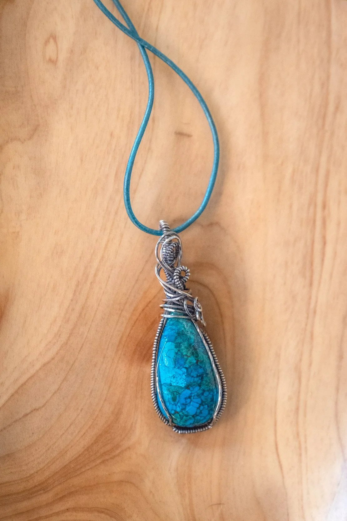Chrysocolla wrapped in sterling silver & oxidized