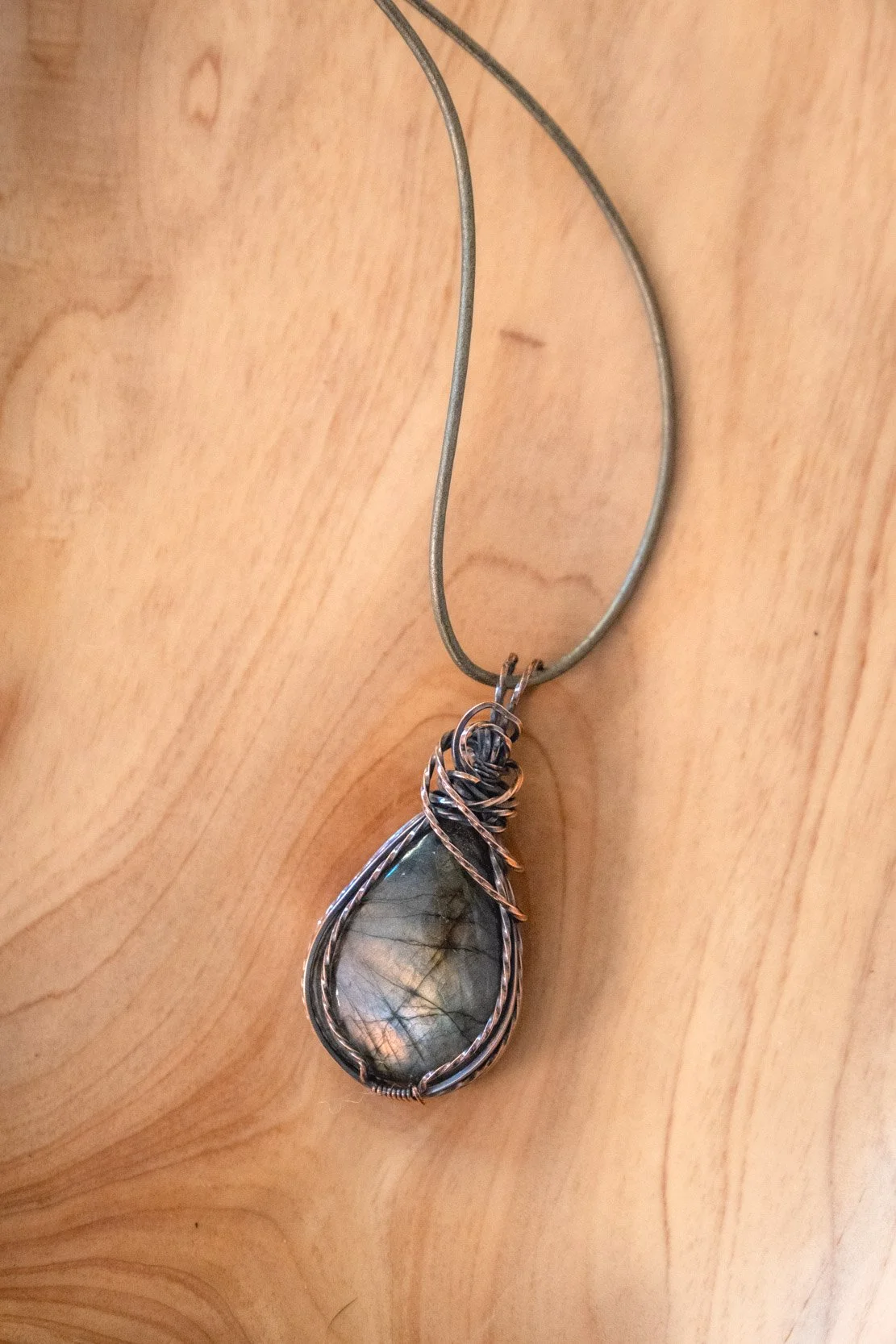 Labradorite wrapped in raw copper & oxidized