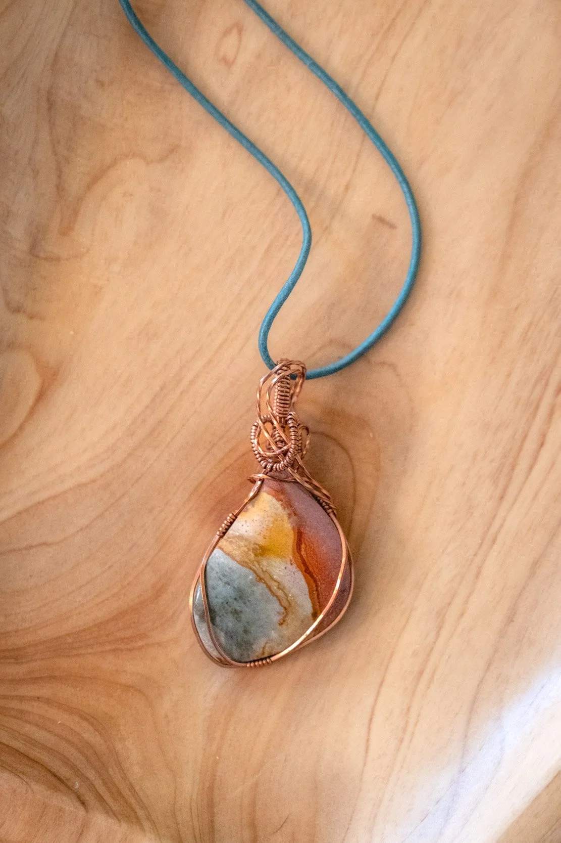 Polychrome Jasper wrapped in raw copper & oxidized