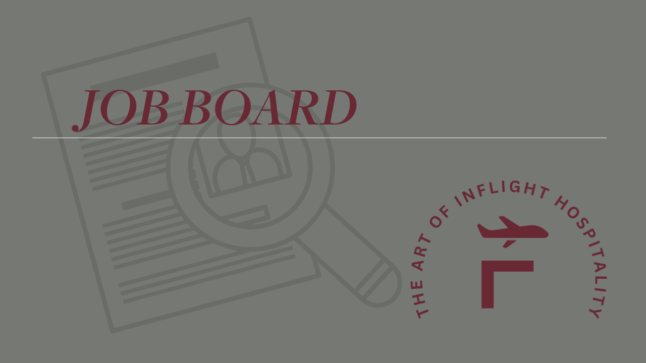 A digital illustration of a job board for Inflight Hospitality with a magnifying glass over a flight document, and a logo featuring a plane and the letter 'F' surrounded by the text 'The Art of Inflight Hospitality'.