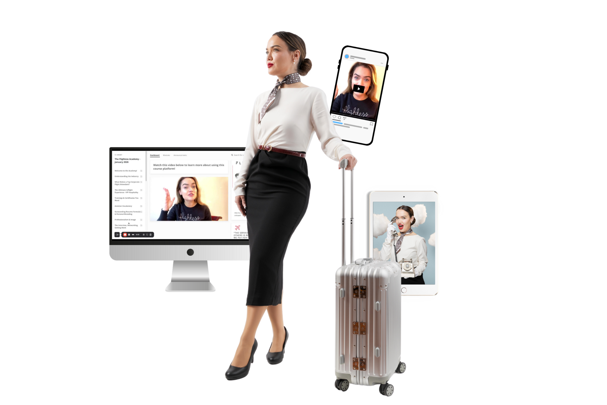A woman dressed in professional attire, holding a suitcase, standing in front of digital screens and devices displaying various video call images and online course content, symbolizing business travel and virtual communication.
