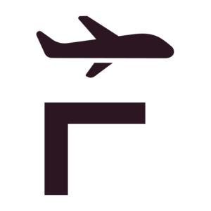 Silhouette of an airplane flying above a stylized letter 'F'