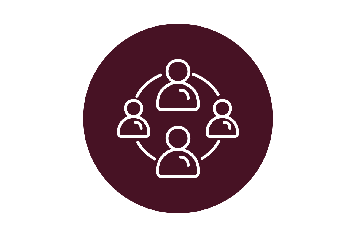 Outline icon of four people connected in a circular network, representing teamwork or collaboration, on a dark red background.