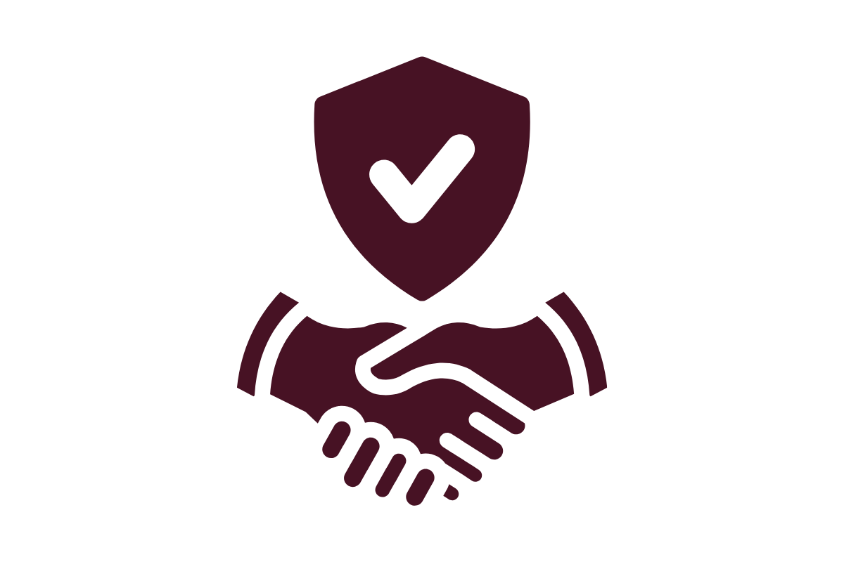 Icon of a handshake with a shield behind it that has a check mark, representing trust or agreement.