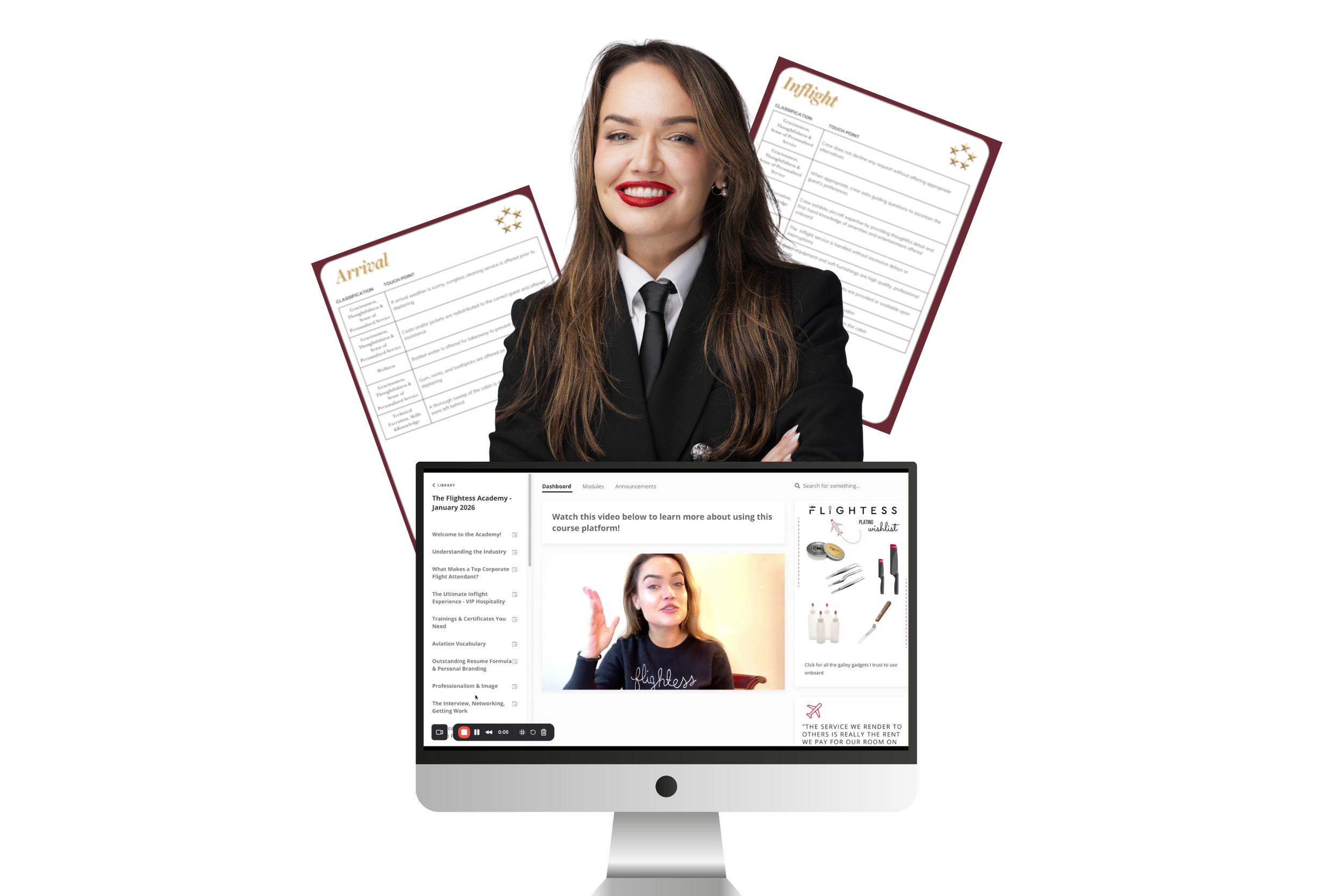 A woman in a black suit and white shirt smiling, with her arms crossed, standing behind a computer monitor displaying an online course platform. Behind her are two flight school transcripts, one titled "Arrival" and the other "Intflight."