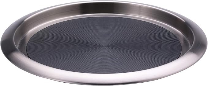 A round, flat metal tray with a textured black insert in the center.