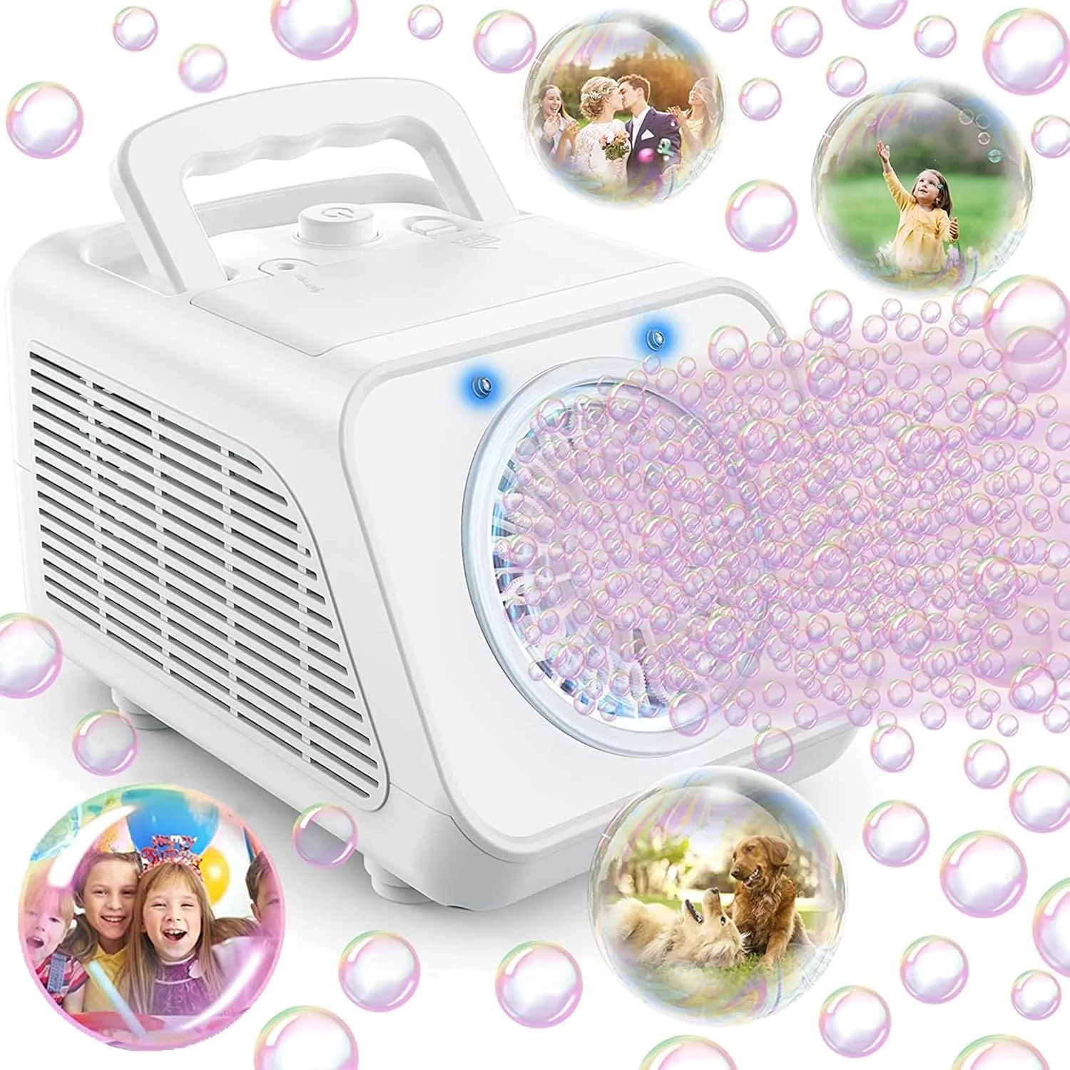 A white portable air purifier emitting a pink mist surrounded by bubbles with images of happy children, a couple, and dogs.