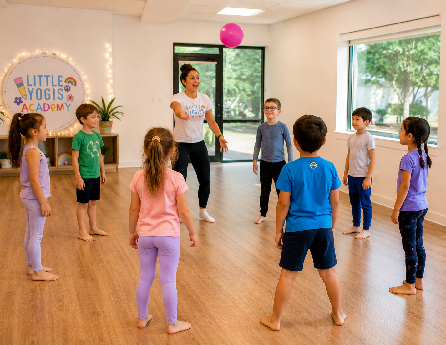 Children participating in a yoga class in a bright studio with a female instructor, holiday decorations, and a sign reading 'Little Yogis Academy' on the wall.