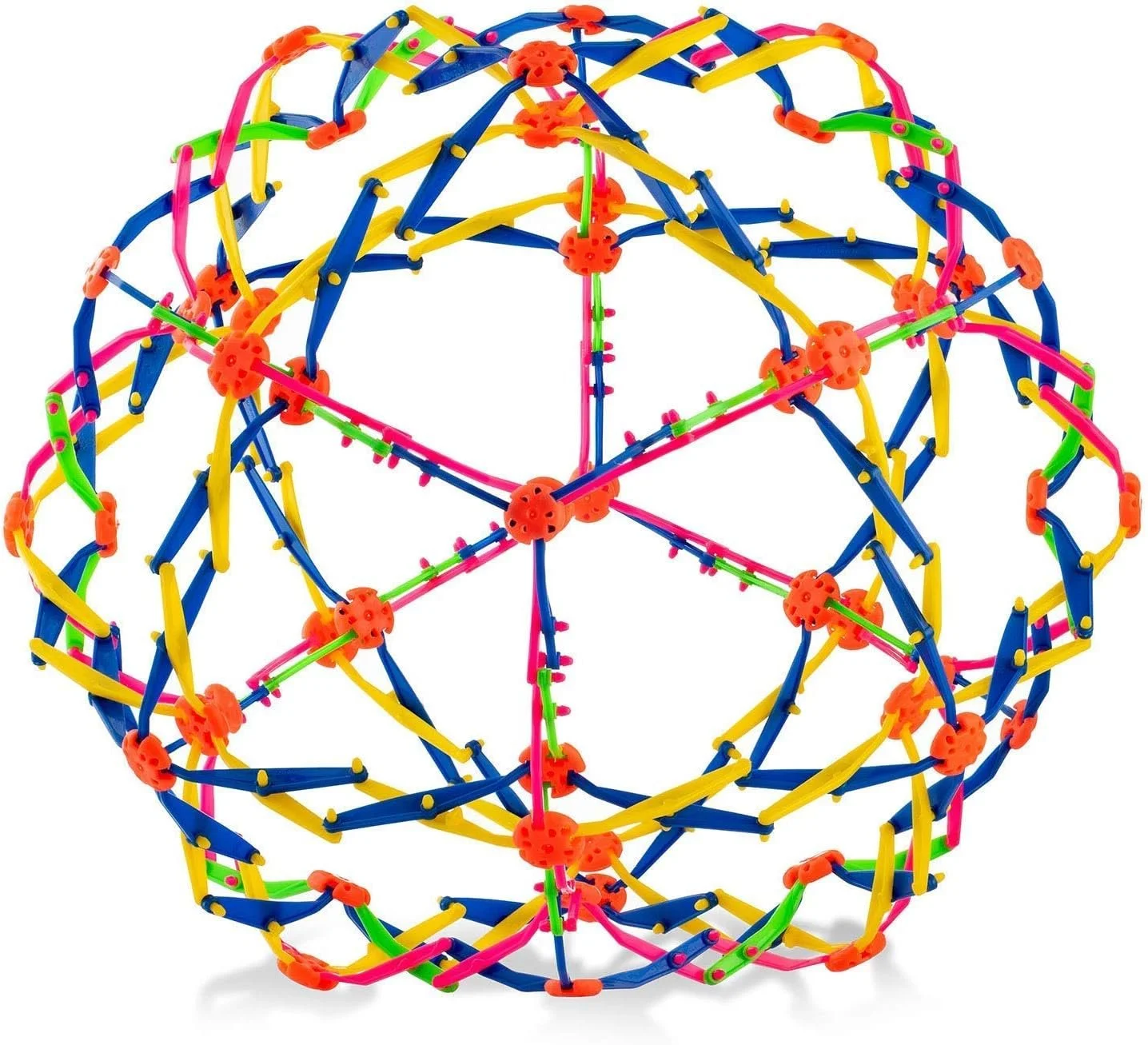 Colorful geometric sphere made of interconnected plastic rods and ball joints, resembling a complex 3D puzzle or model.