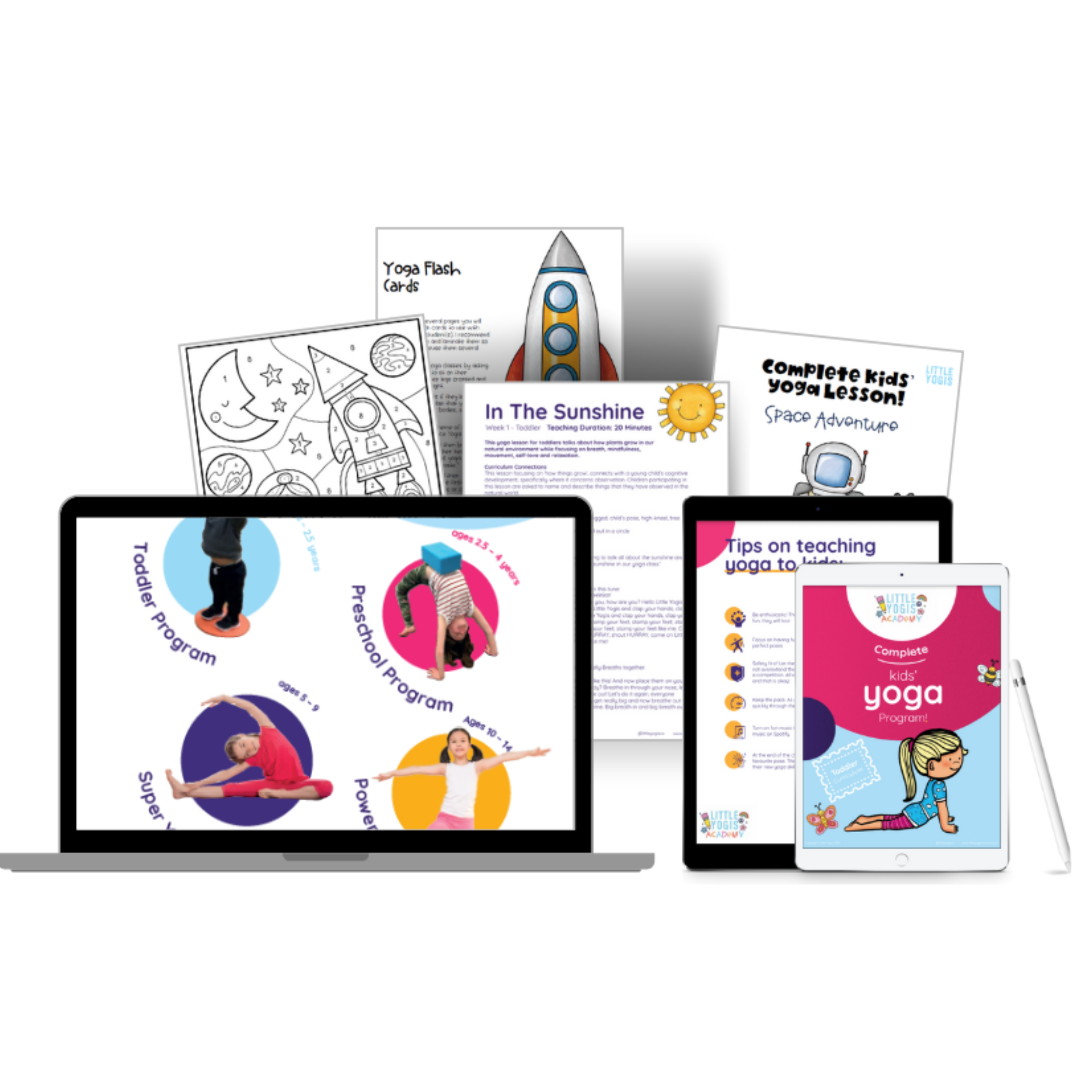 Collection of digital and printable educational materials for kids yoga programs, including tablets displaying kids yoga exercises, worksheets, and instructional guides, with some paper materials featuring space and rocket themes.