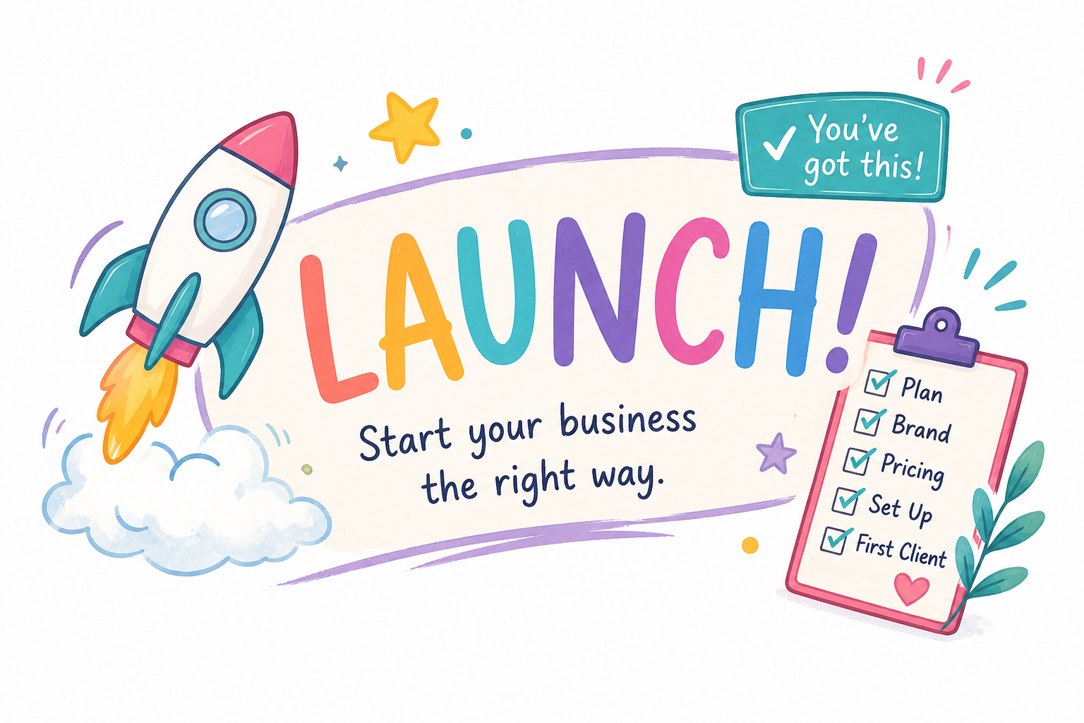 Colorful illustration promoting launching a new business with a rocket, checklists, and motivational messages.