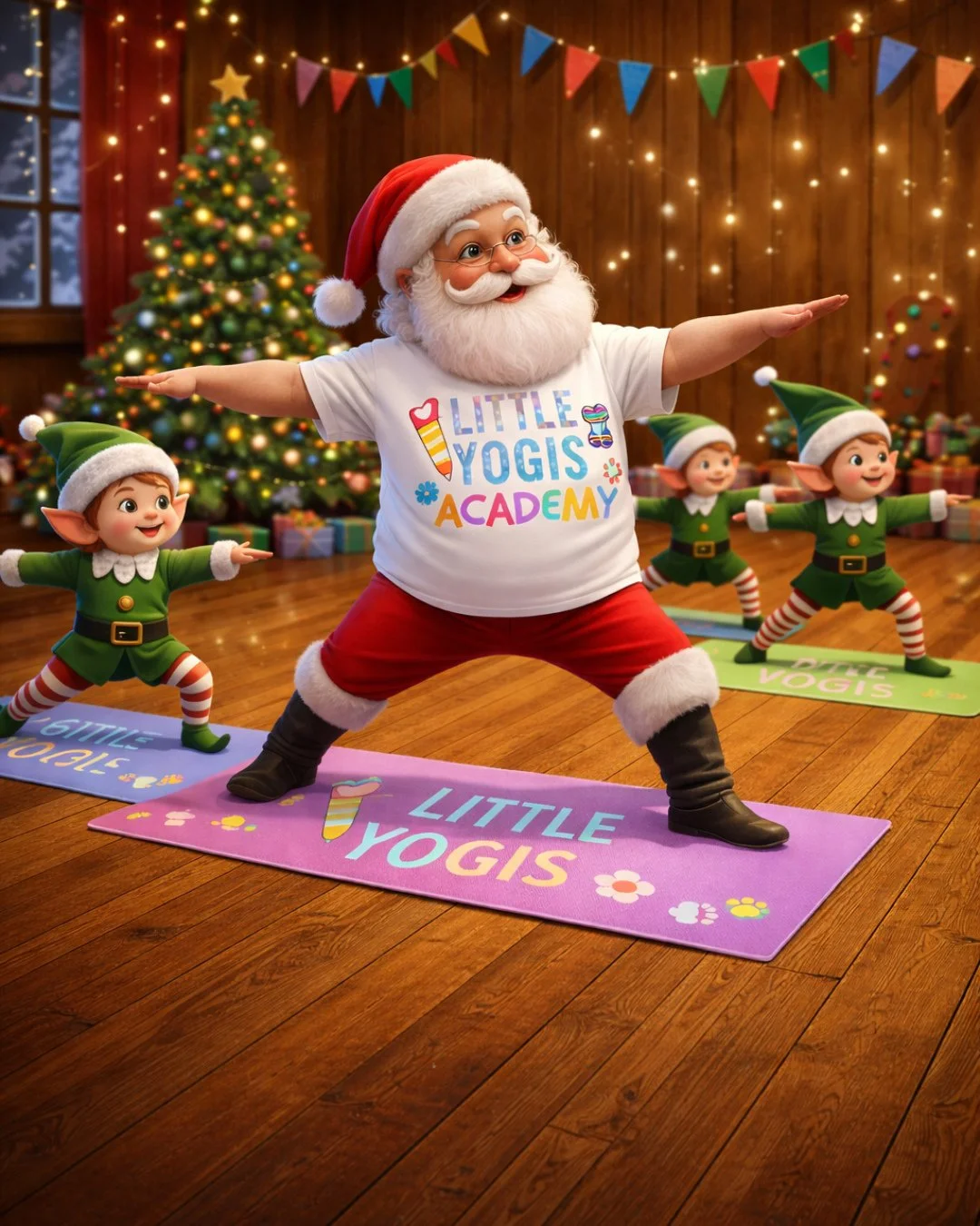 Even Santa needs a moment of calm 🎅🧘&zwj;♂️⁠
⁠
Between toy-making and present-delivering, Santa and the elves are rolling out their mats and practicing yoga to stay calm, focused, and joyful this holiday season.⁠
⁠
Deep breaths. Strong bodies. Happ