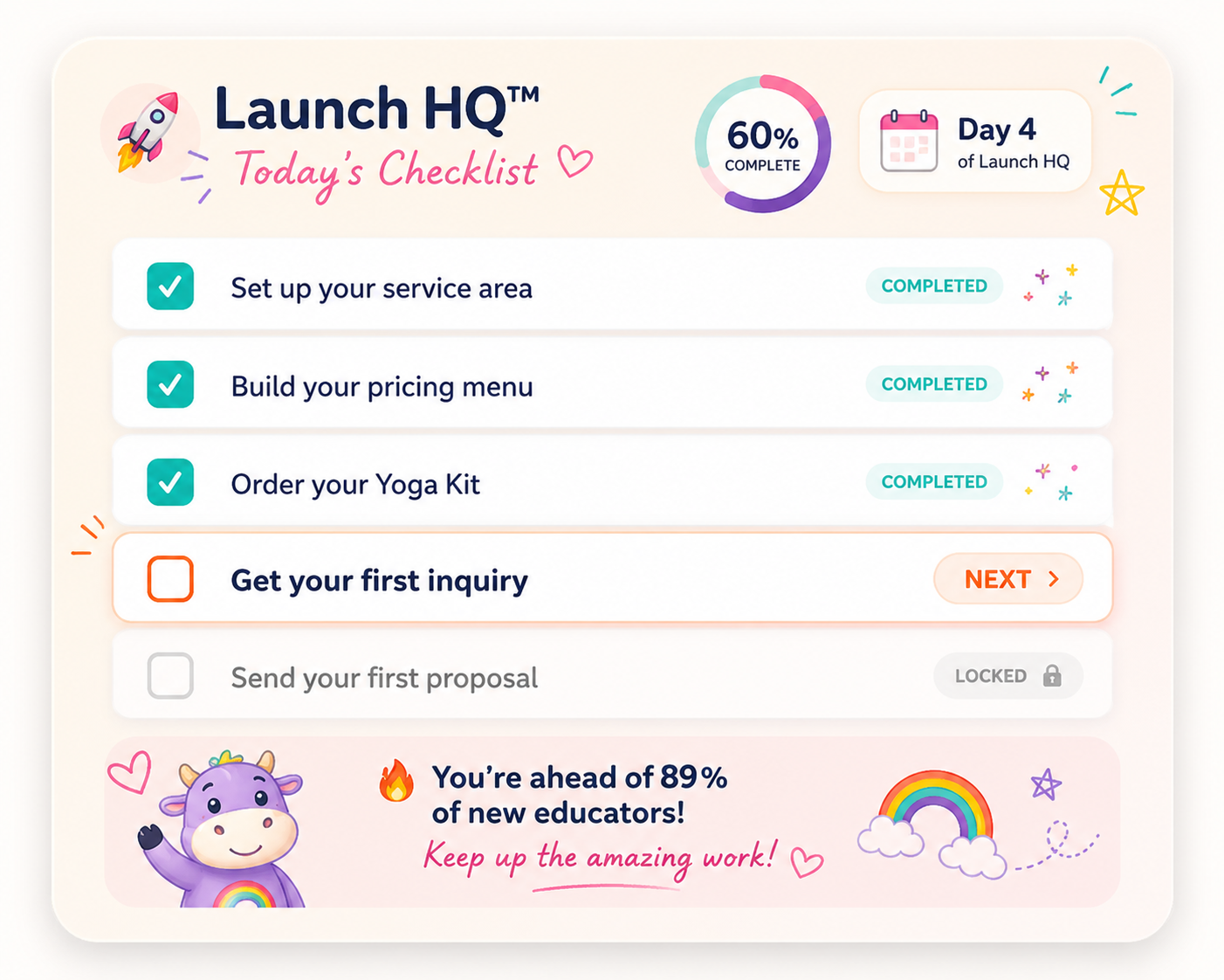 A collection of educational and activity materials for Little Yogis Academy, including books, a laptop with a class website, colorful paper circles, a purple bag, rainbow-colored pens, foam balls, and various pamphlets and cards featuring children's yoga poses and exercises.