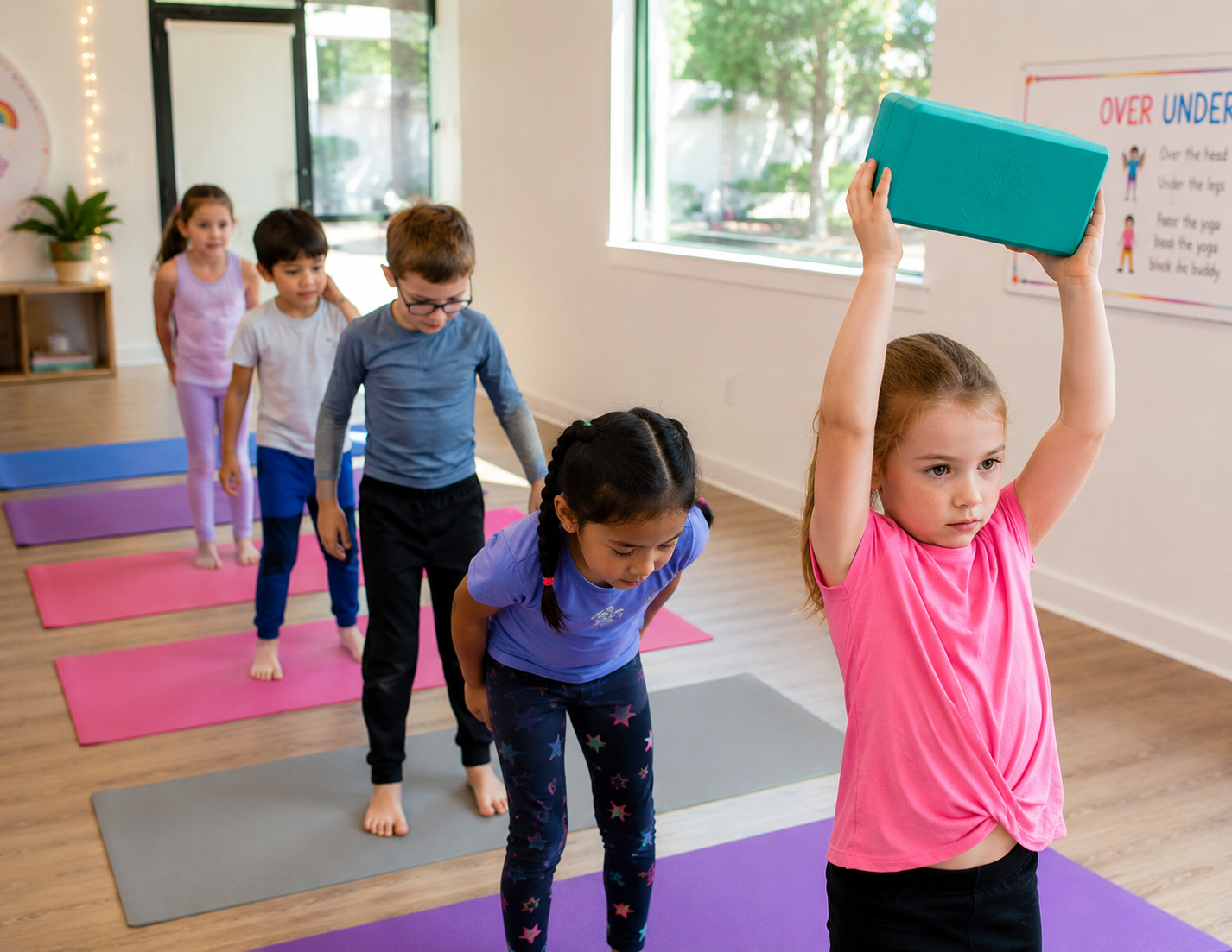 Group of children practicing yoga in a classroom, with one girl holding a yoga block overhead, and others in a line performing forward bends on colorful yoga mats.