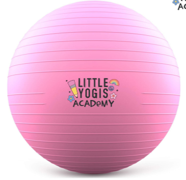 Pink exercise ball with logo for Little Yogi's Academy
