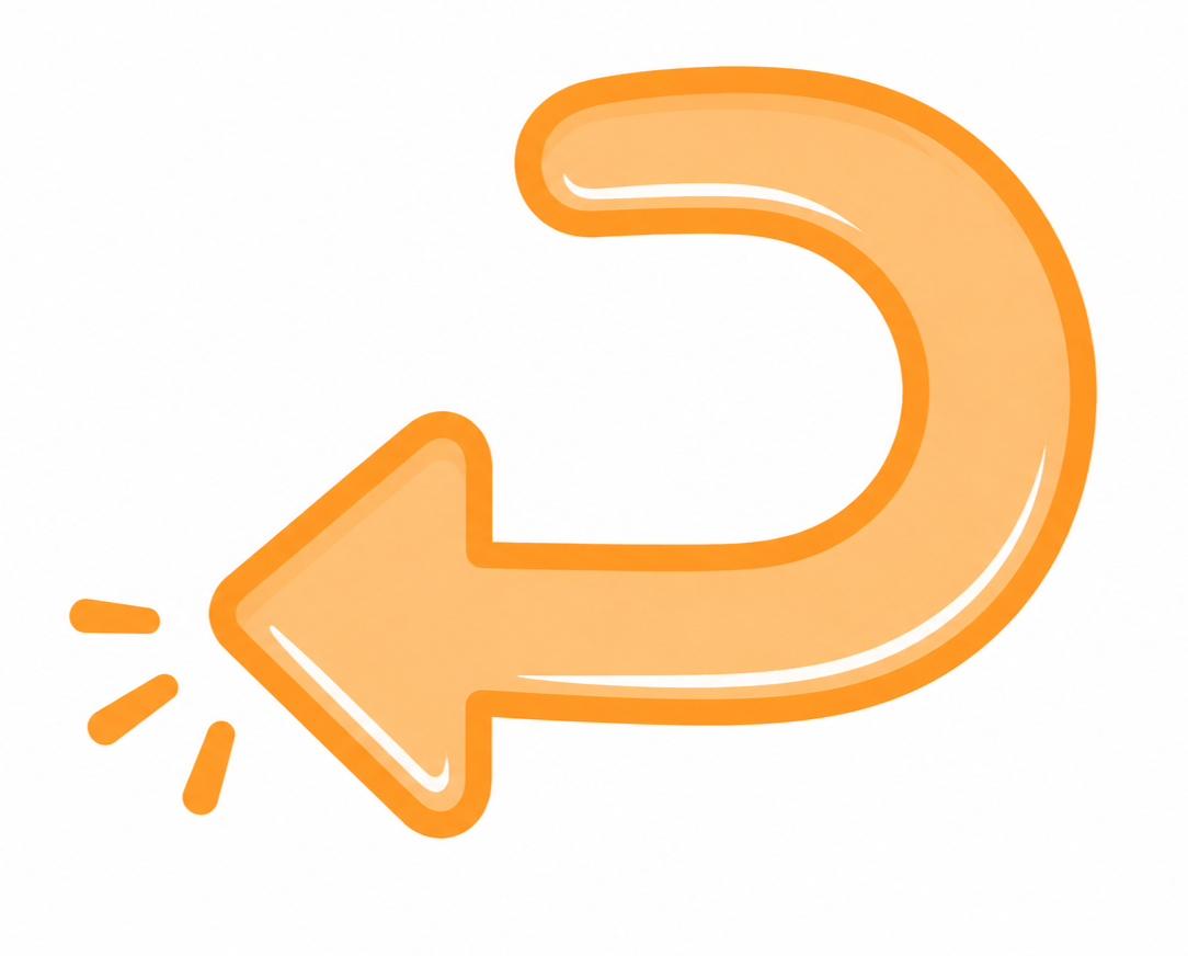 Orange arrow in a U-shape pointing to the left with three lines indicating emphasis or motion.