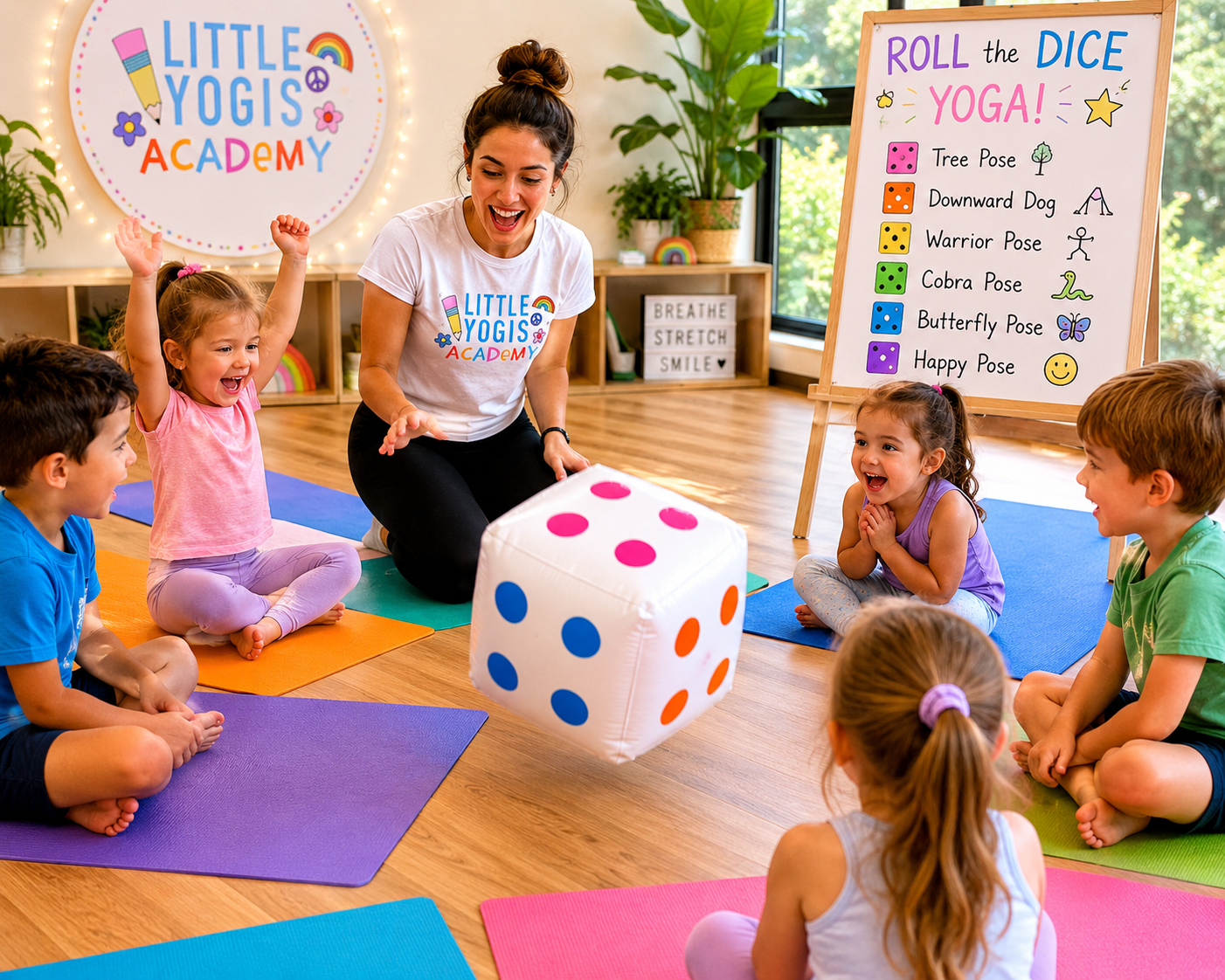 A group of young children sitting on colorful yoga mats in a classroom, laughing and playing with a large inflatable die during a yoga class, led by an instructor wearing a "Little Yogis Academy" shirt. A whiteboard with colorful illustrations and po