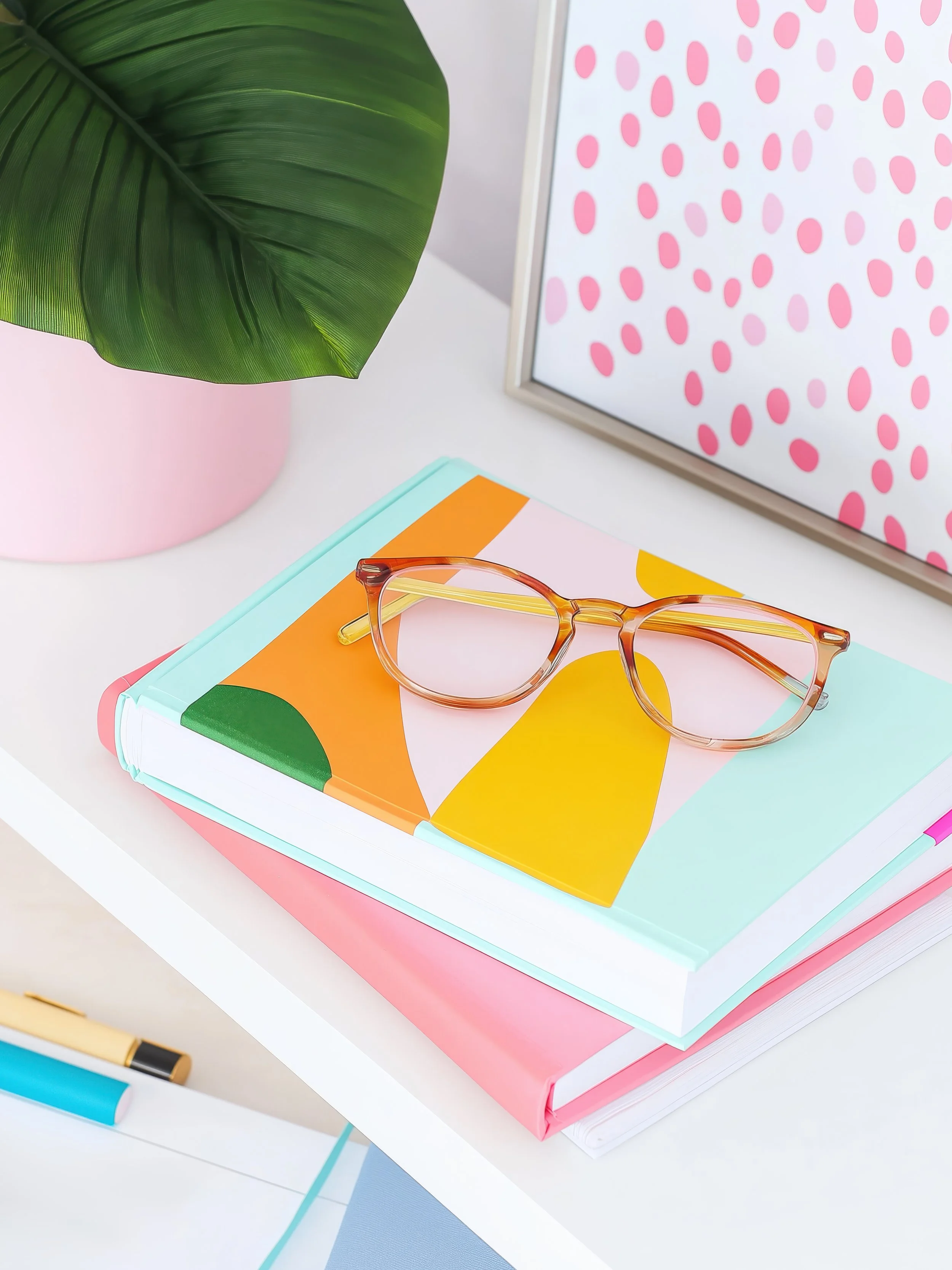 Collection of promotional materials for Little Yogis Academy, including flyers, business card, brochure, banner, and standee, with a colorful polka dot design and photos of children.