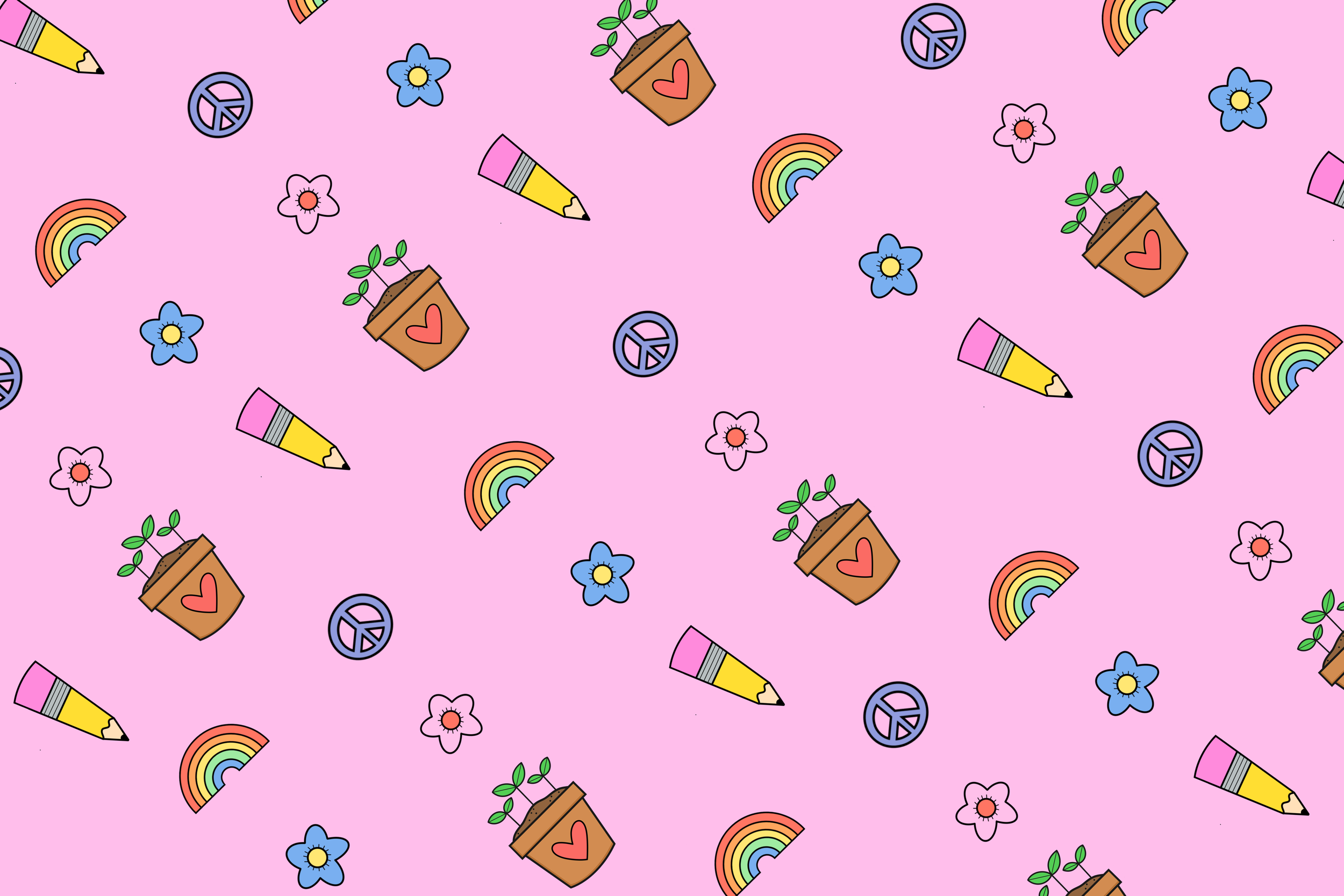 Seamless pattern with illustrations of potted plants, rainbows, peace signs, flowers, and colored pencils on a pink background.