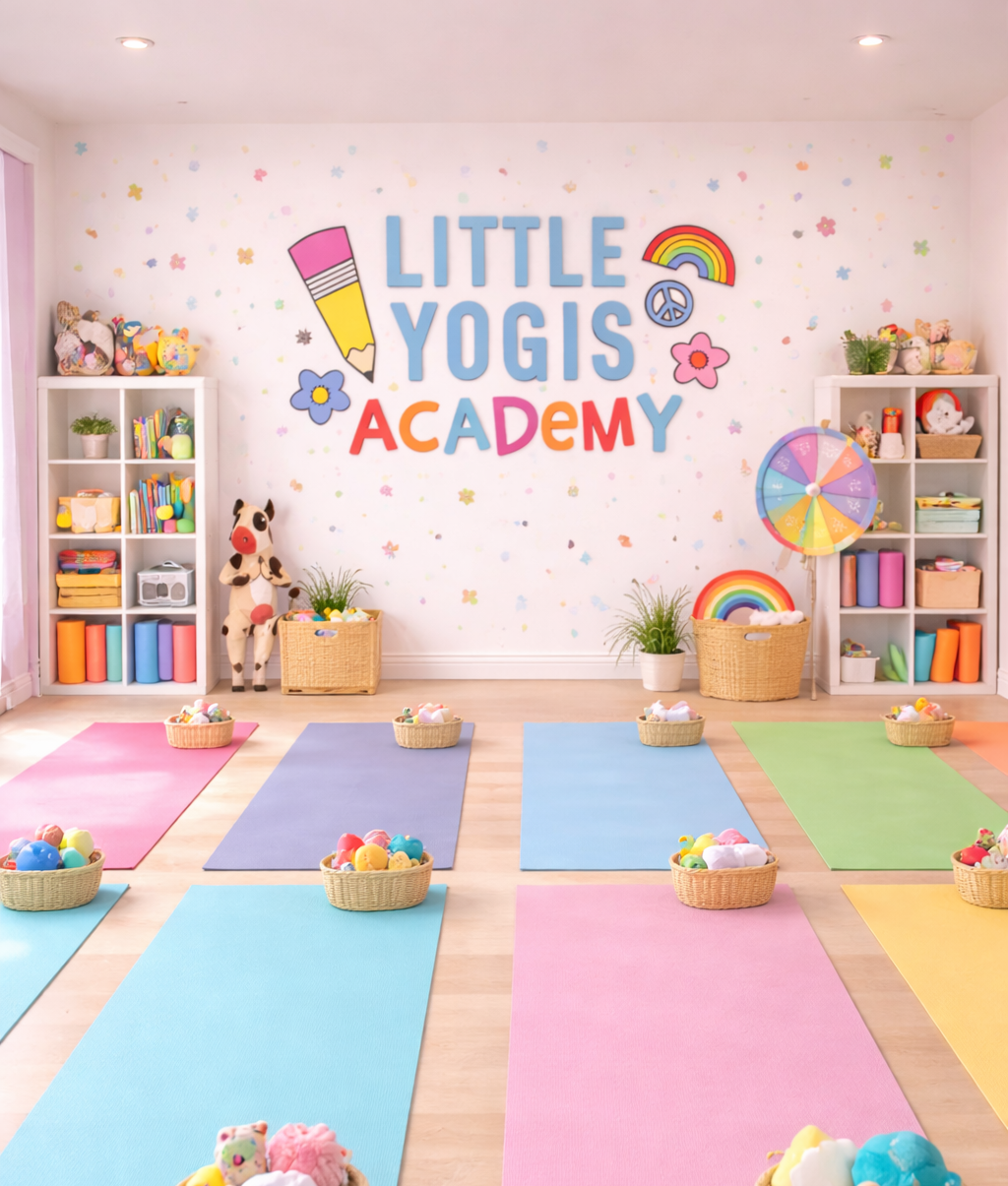 A lavender yoga bag with the logo 'Little Yogis Academy' printed on it, filled with colorful yoga props including round mats, silk scarves, a colorful rubber band ball, and other yoga accessories.