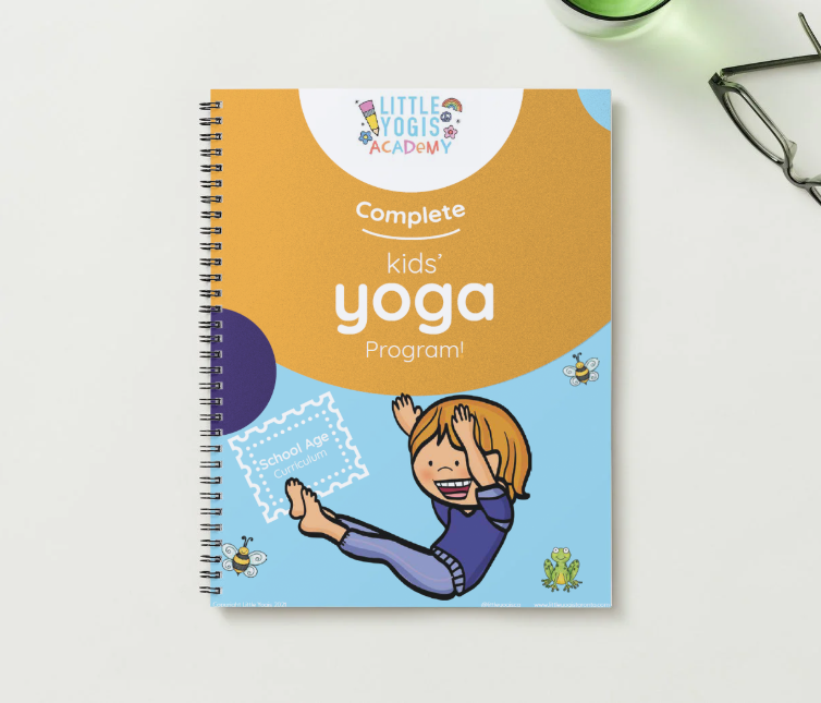 Cover of a children's yoga program booklet titled 'Complete kids' yoga Program!' from Little Yogis Academy, featuring an illustration of a smiling child in a yoga pose surrounded by bees and a frog.