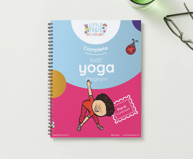 Cover of a children's yoga program workbook with colorful design, featuring a girl in a yoga pose, a ladybug, and the title 'Complete kids' yoga Program! Pre-K Curriculum' from Little Yogis Academy.