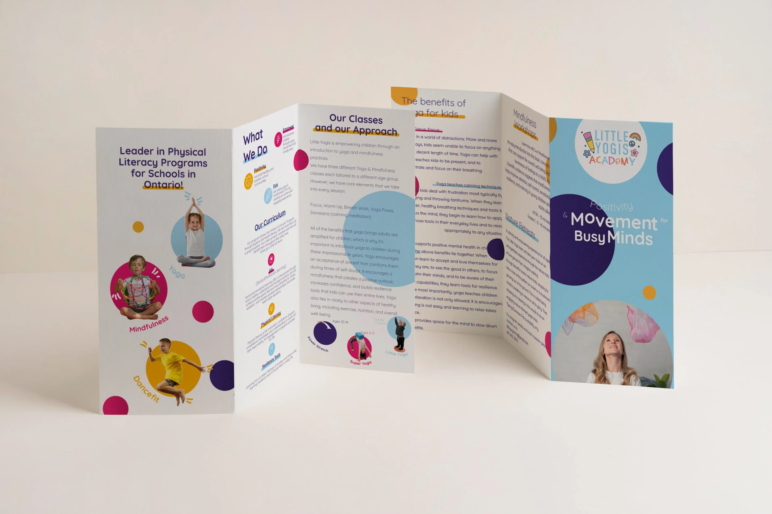 Collection of promotional materials for Little Yogis Academy, including flyers, business card, brochure, banner, and standee, with a colorful polka dot design and photos of children.