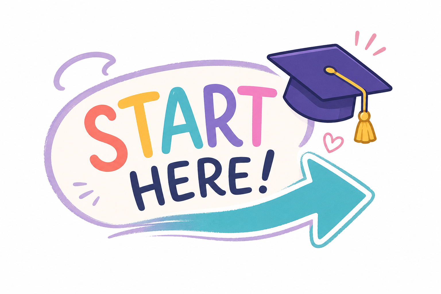 Colorful sign that says 'Start Here!' with a blue arrow pointing to the right and a purple graduation cap.