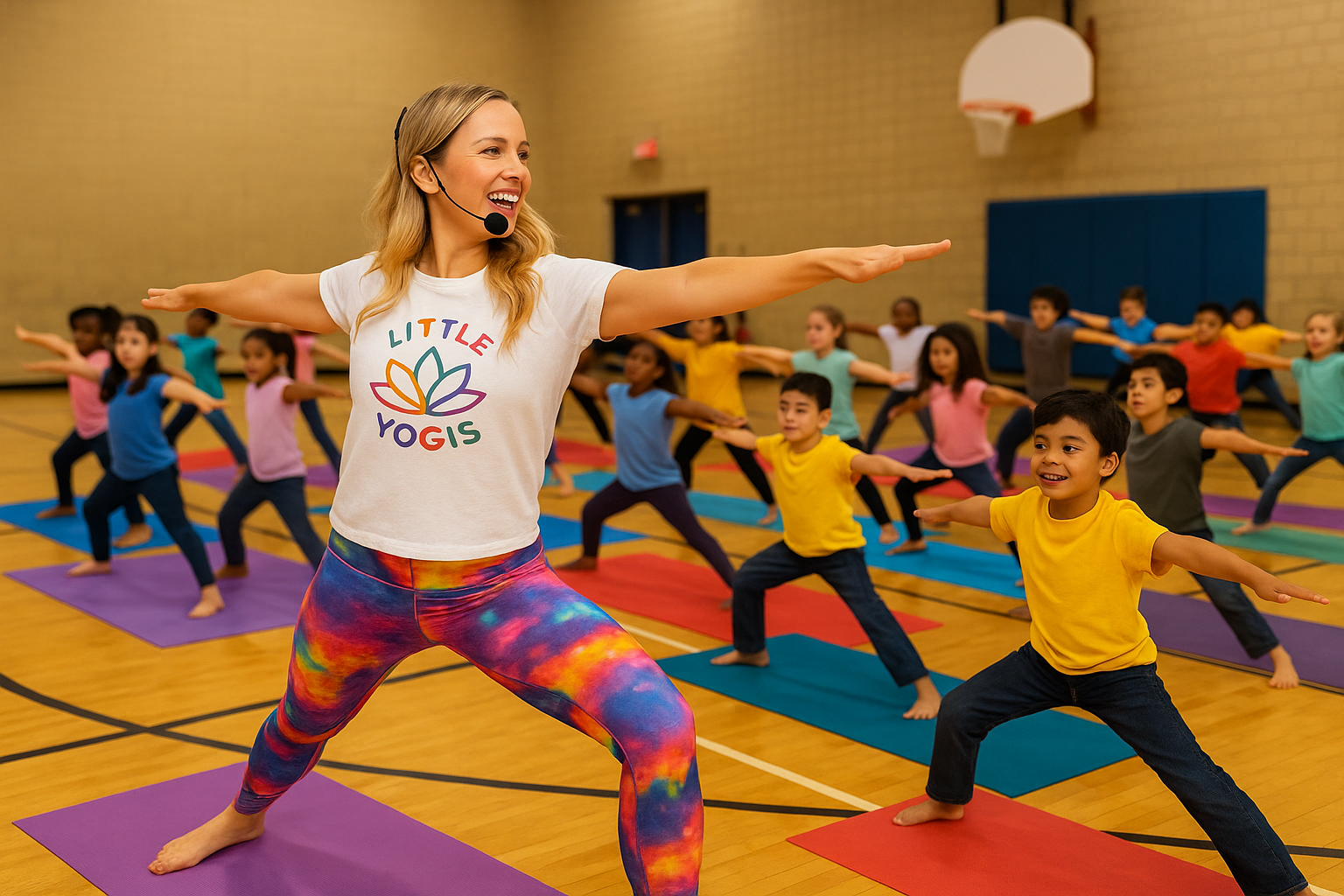 A yoga instructor leading a children's yoga class in a gymnasium, with kids on colorful mats performing poses.
