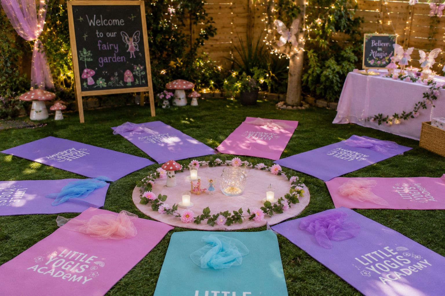 Decorative fairy garden setup with pink and purple yoga mats arranged in a circle on grass, pink and white flowers, small fairy figurines, candles, and lanterns at the center. In the background, there are mushroom decorations, fairy lights, a chalkbo