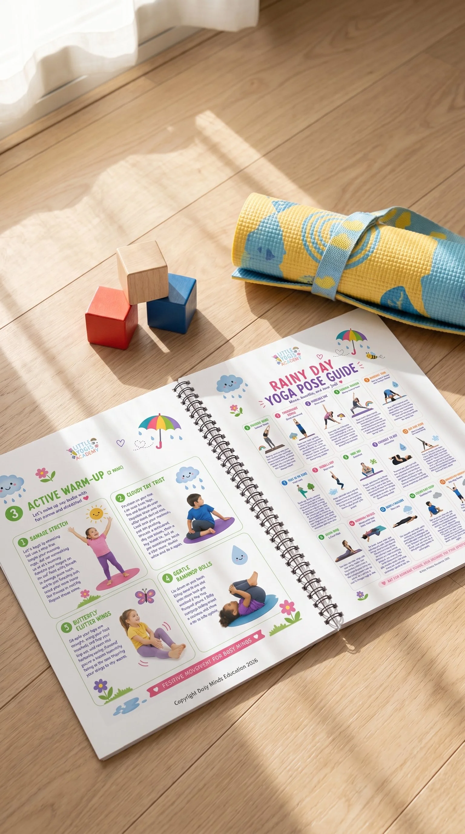 Various children's yoga instructional materials including a laptop, tablet, printed guides, and a rocket model for kids' yoga activities.