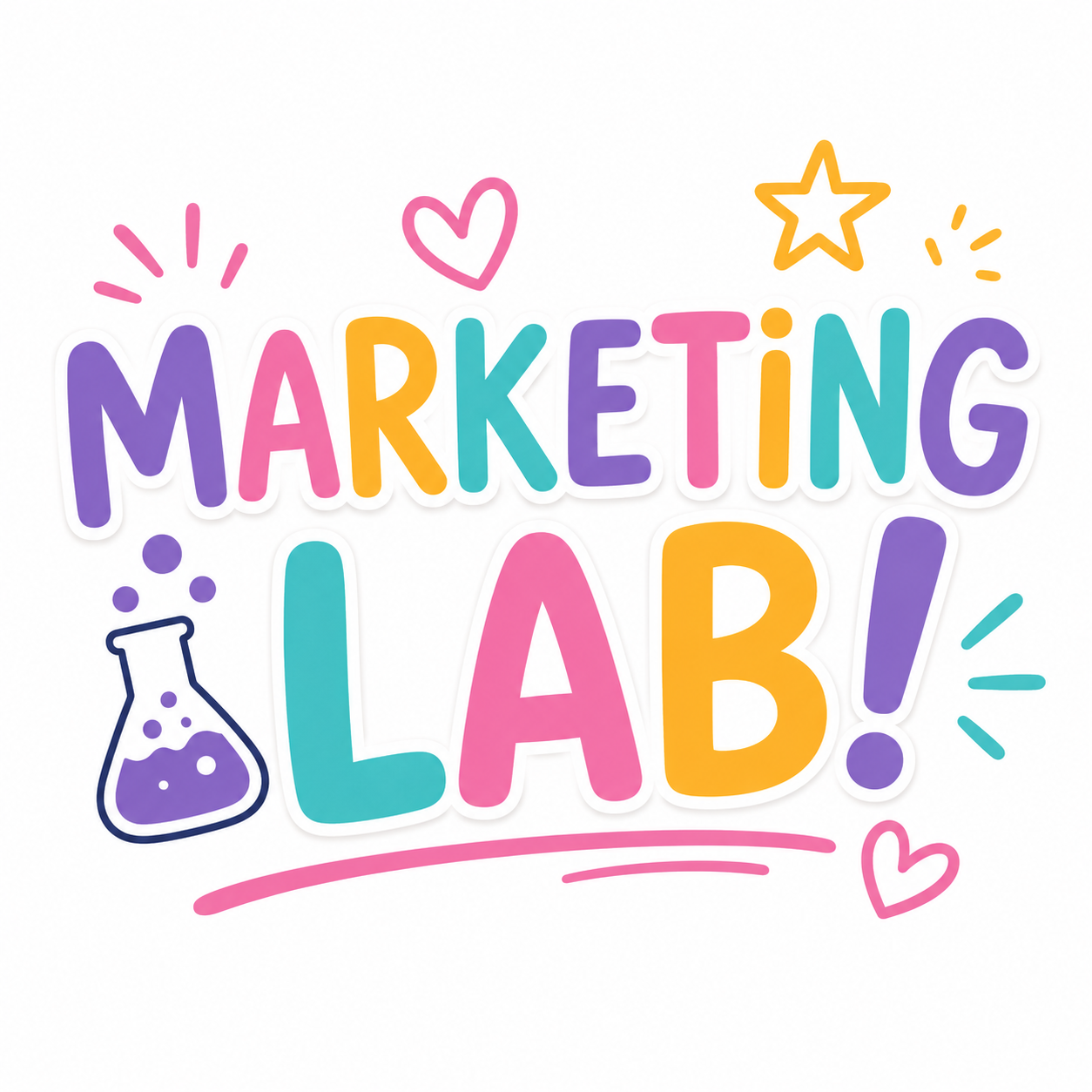 Colorful illustration with the phrase 'Marketing Lab!' surrounded by stars, hearts, and a science beaker.