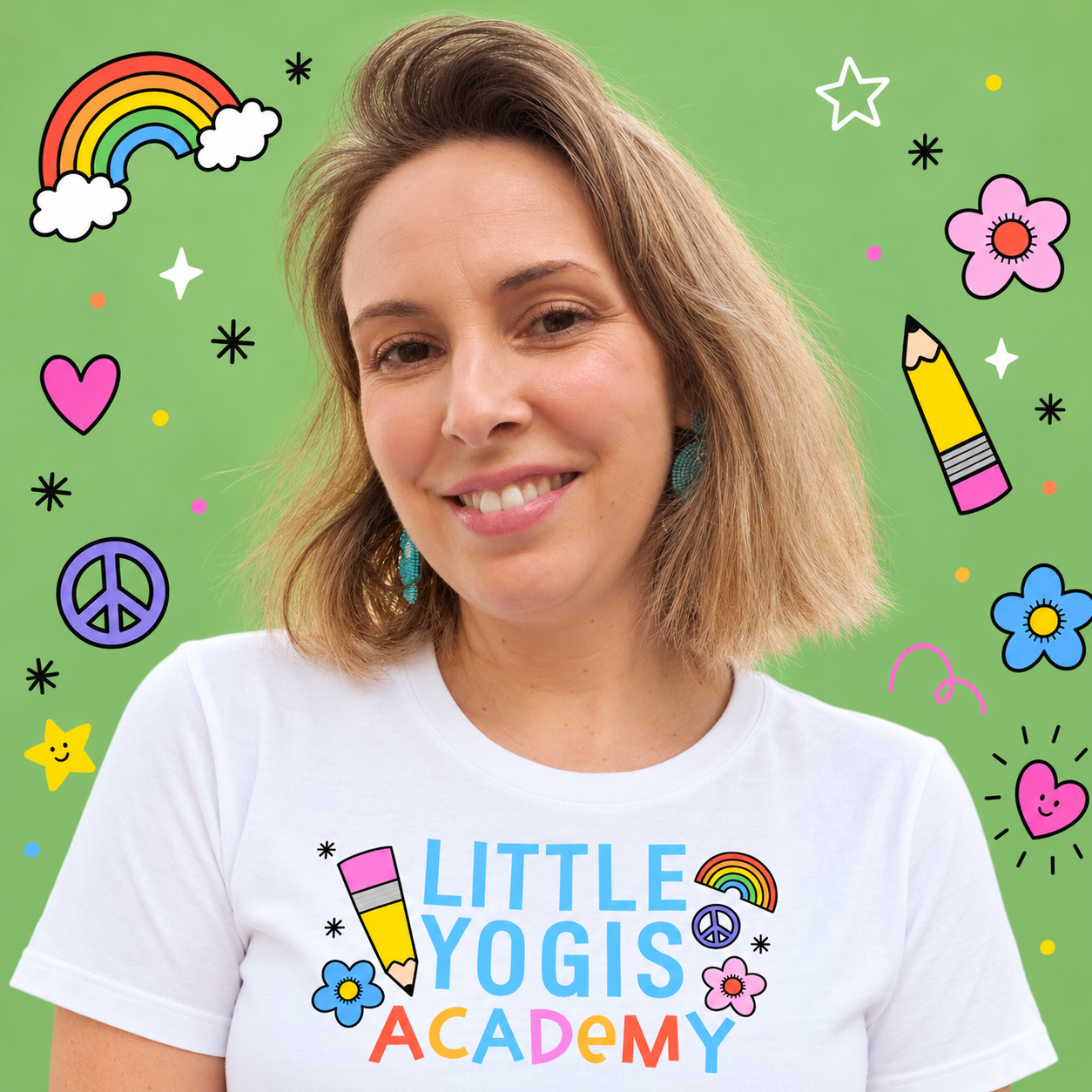 A smiling woman with shoulder-length hair wearing a white shirt with colorful text and symbols, set against a vibrant green background decorated with rainbow, hearts, stars, flowers, peace sign, crayon, and other playful doodles.