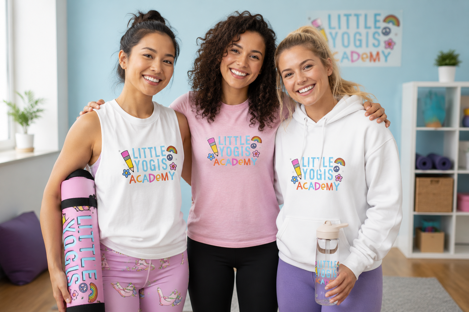 Three women smiling and standing together in a room with pastel-colored decor, wearing shirts and hoodies with the 'Little Yogis Academy' logo, one holding a yoga mat and another a water bottle.
