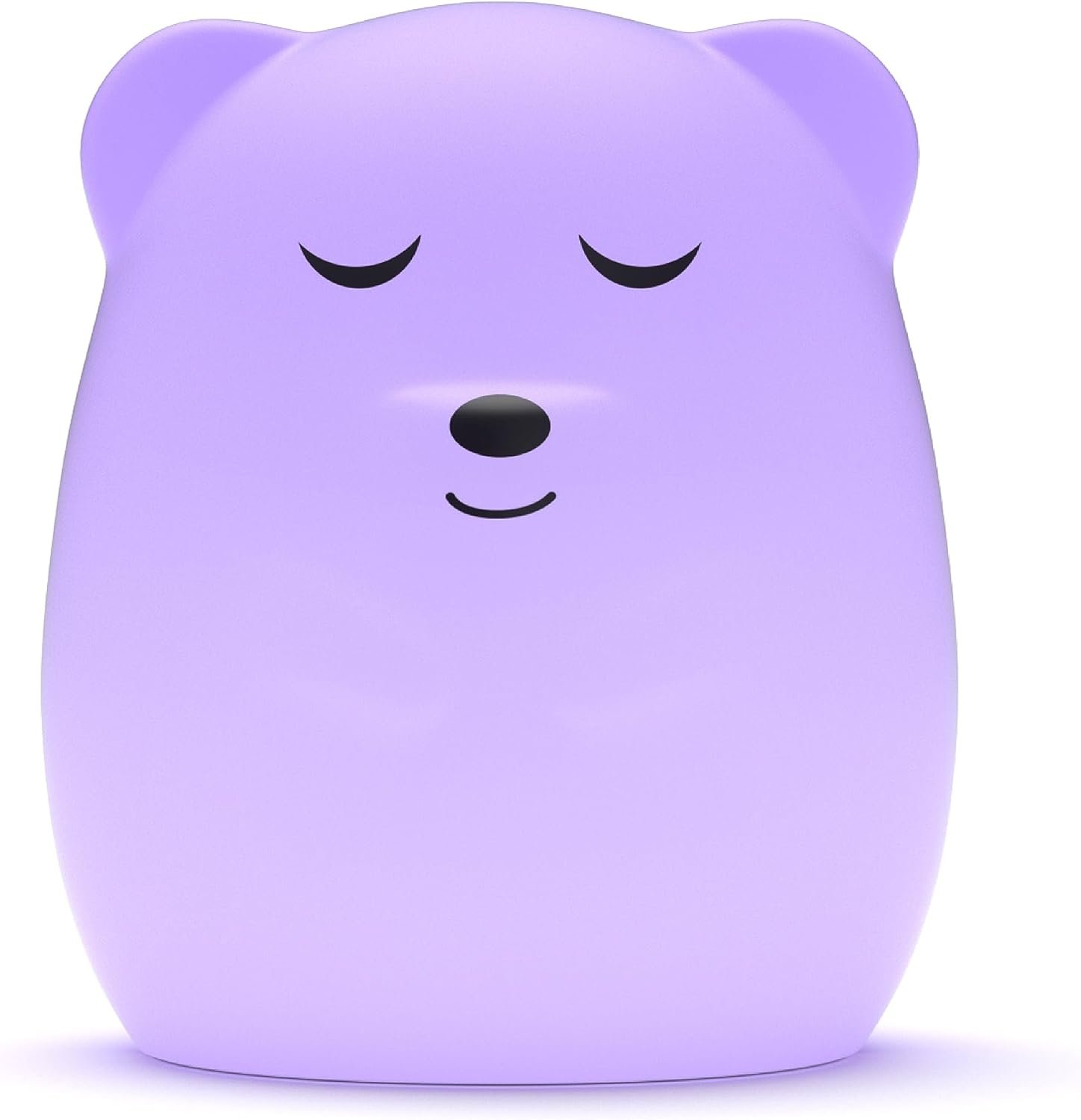A purple bear-shaped night light with closed eyes, a black nose, and a small smiling mouth.