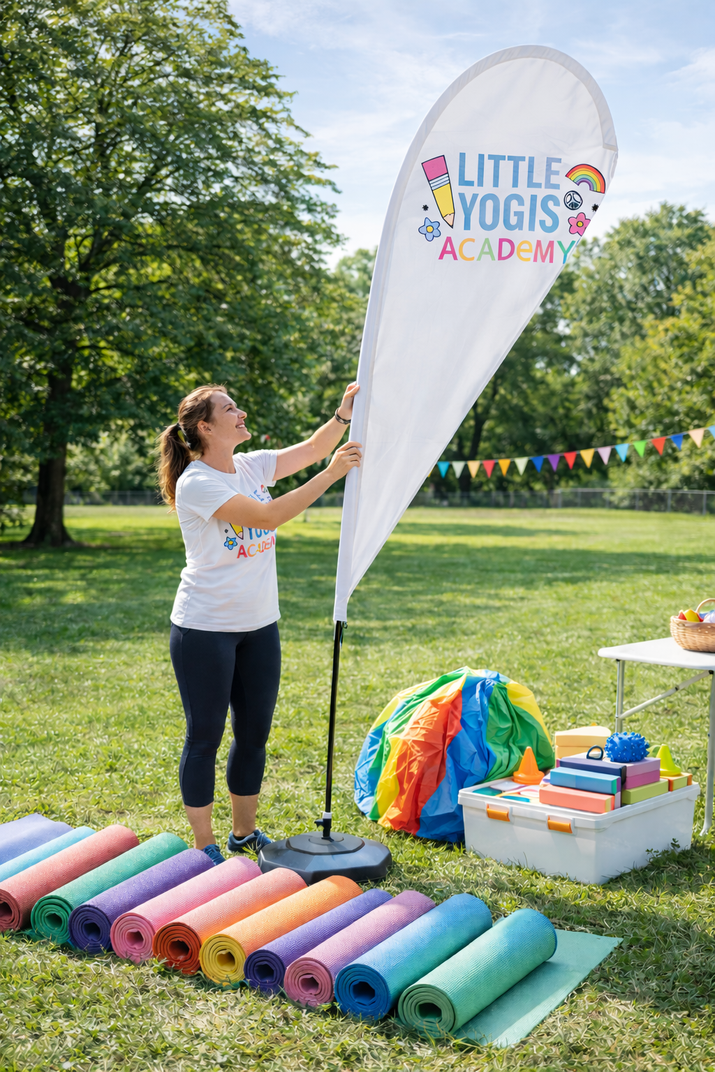 A woman adjusting a flag that reads 'LITTLE YOGIS ACADEMY' outdoors on a sunny day, with colorful yoga mats laid out on the grass, and various outdoor activity supplies and decorations nearby.