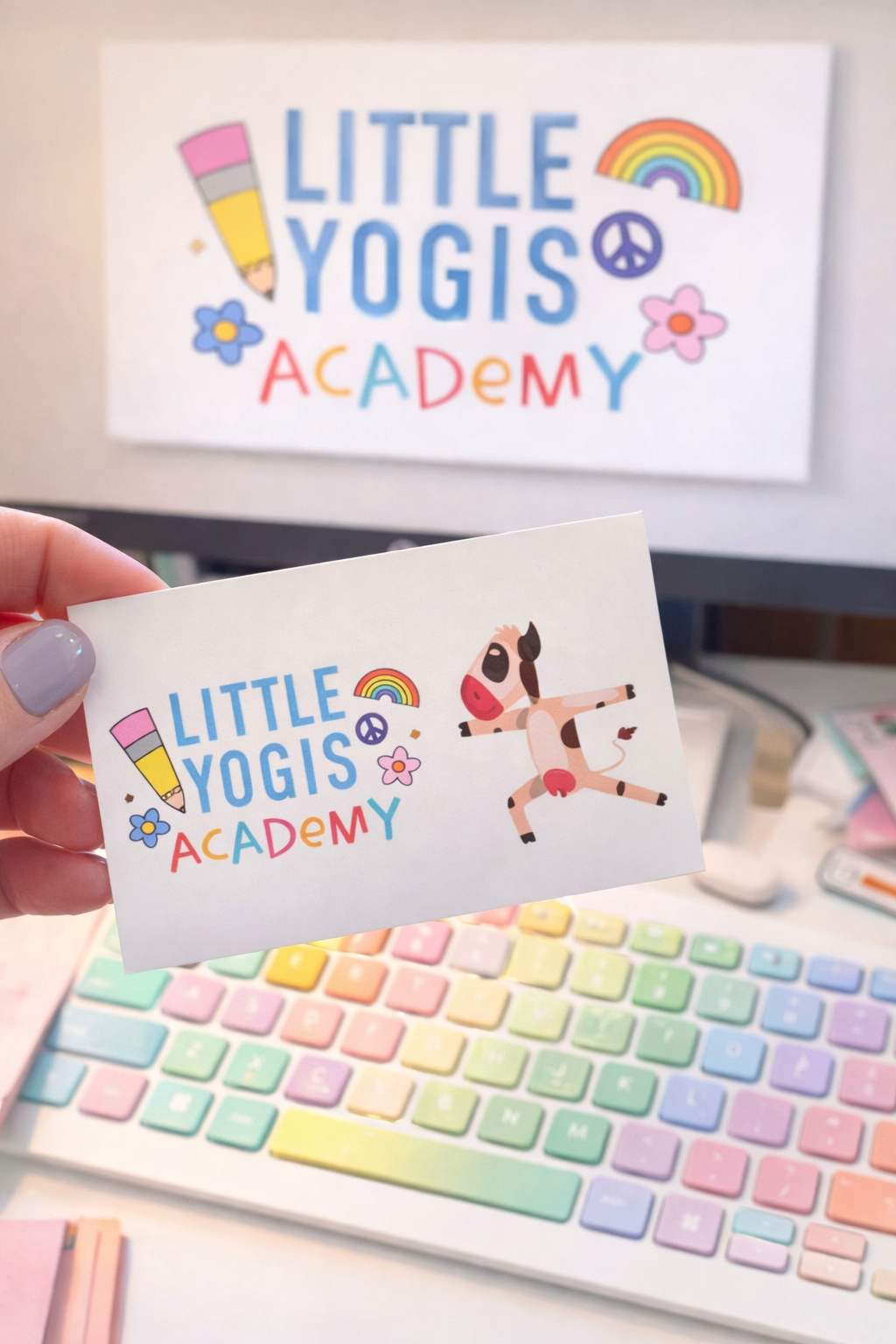 A person holding a business card with the logo for Little Yogis Academy, showing a cartoon horse doing yoga, a rainbow, flowers, and peace signs. In the background, there is a screen displaying the same Little Yogis Academy logo with colorful illustrations, a rainbow, flowers, and peace signs. Below the card, there is a pastel-colored keyboard.