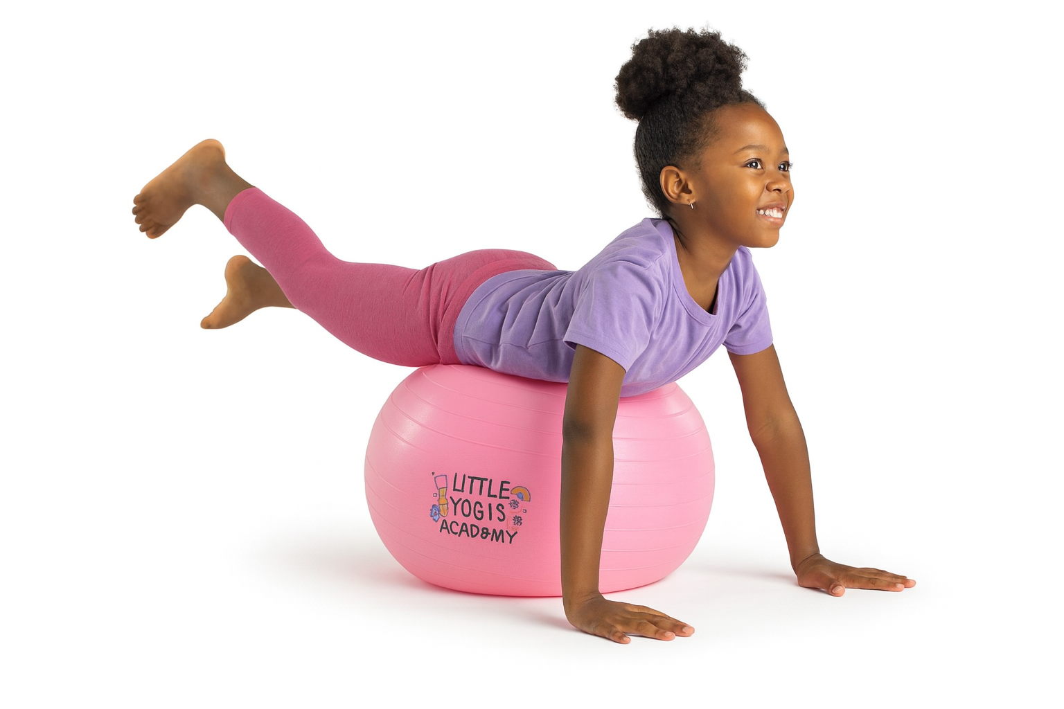 Pink exercise ball with logo for Little Yogi's Academy