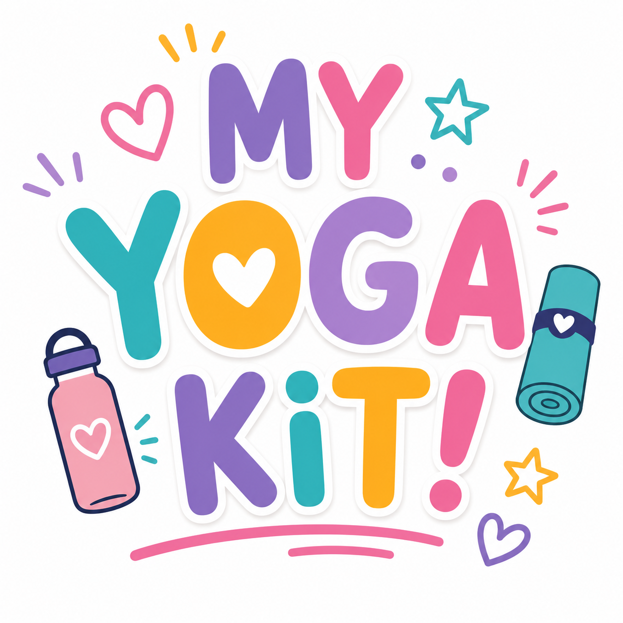 Colorful text says "My Yoga Kid!" with illustrations of water bottles, a yoga mat, hearts, stars, and dynamic lines.