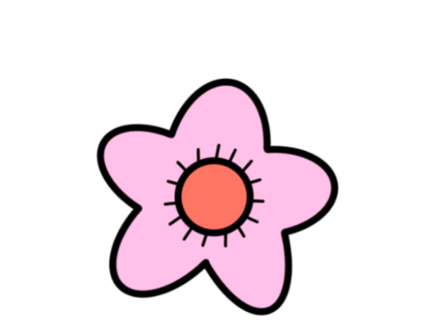 A simple illustration of a pink flower with five petals and an orange center on a black background.