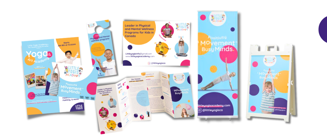 Collection of promotional materials for Little Yogis Academy, including flyers, business card, brochure, banner, and standee, with a colorful polka dot design and photos of children.