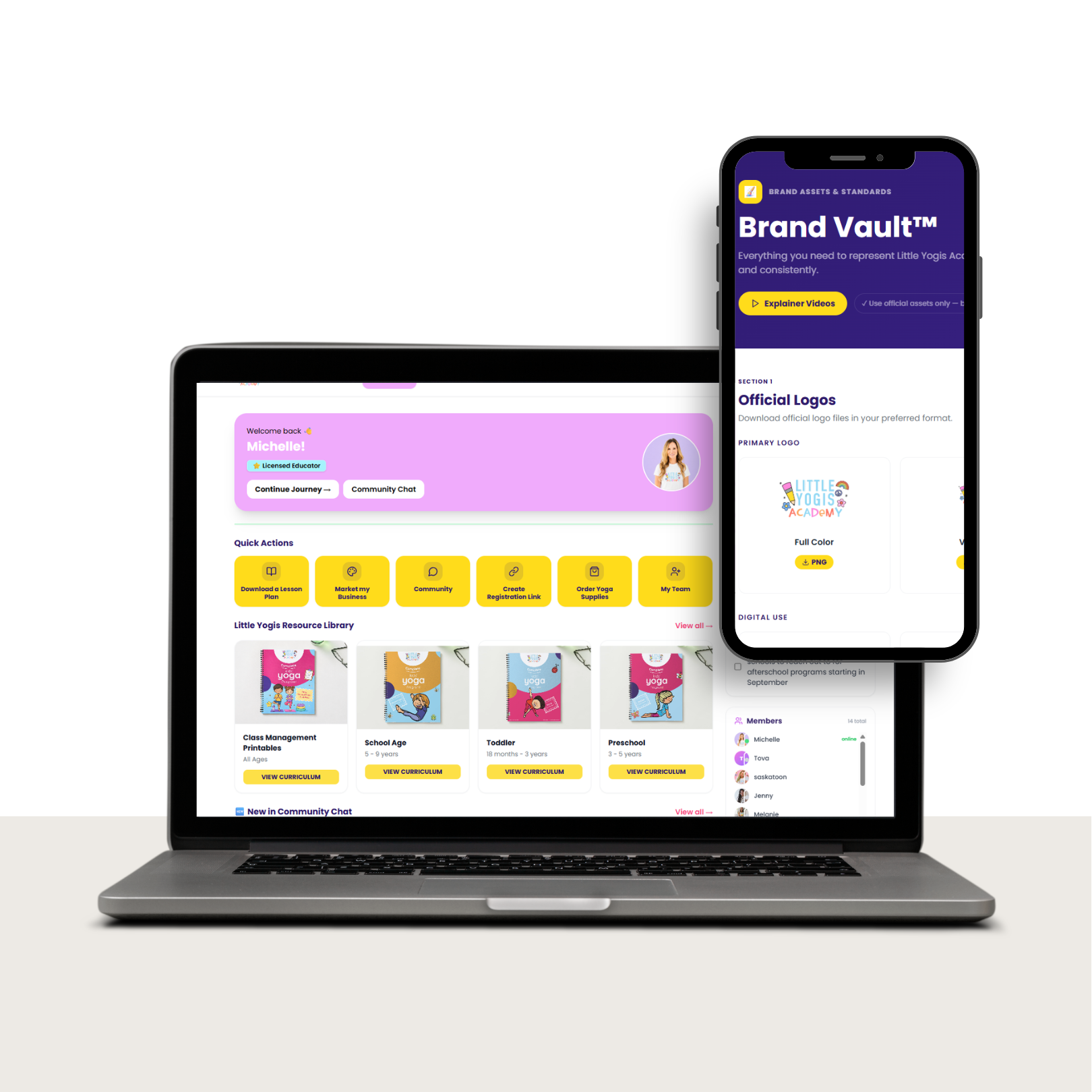 Open laptop displaying a website with resources for educators and a tablet showing an educational app for a children's yoga program.