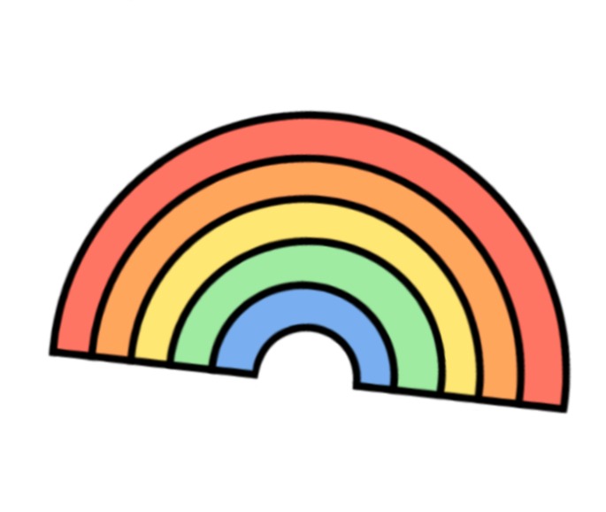 Colorful rainbow with six arches in red, orange, yellow, green, blue, and purple against a black background.