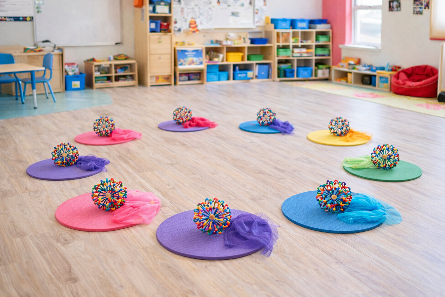 A circle of colorful yoga mats on a wooden floor, each with a multicolored spiky ball and a small cloth. The room appears to be a classroom or daycare setting with shelves and toys.