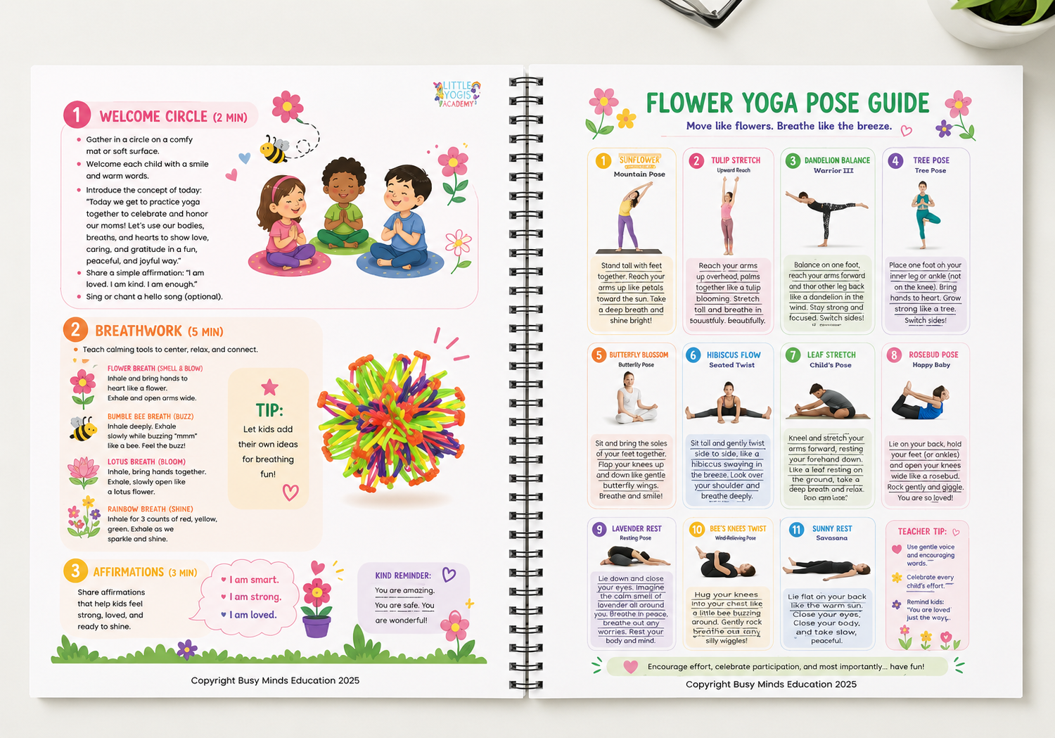 Open book with a children's yoga guide and a activities planner, colorful illustrations of children, flowers, and bees, and step-by-step instructions for various yoga poses and breathing exercises.