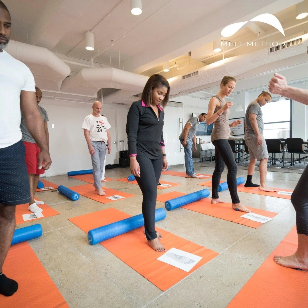 People participating in a yoga or meditation class on orange mats with blue foam rollers. The class is in a bright room with large windows, and a instructor is leading the session.