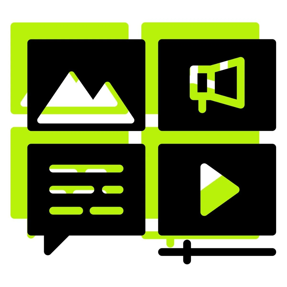 Icons representing photo gallery, sound, text, and video functions on a digital interface.