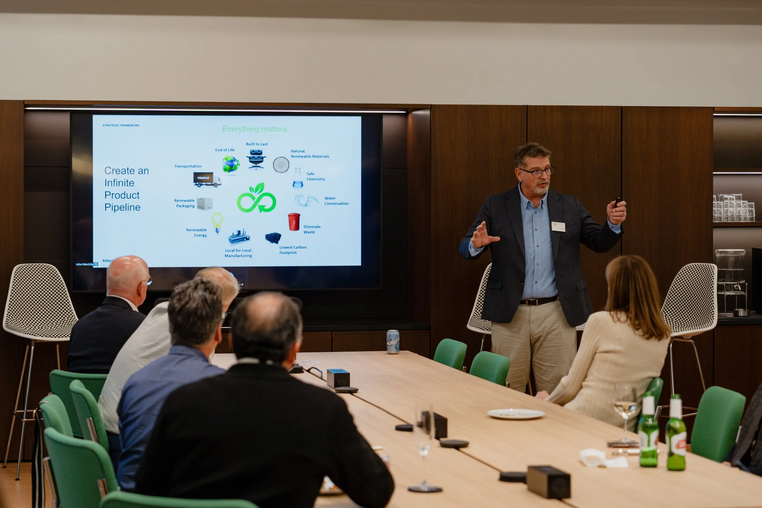 A man giving a presentation in a conference room with an audience of five people. The presenter is gesturing with his hands and standing beside a large screen displaying a slide titled 'Create an Infinite Product Pipeline' with graphics and text on s