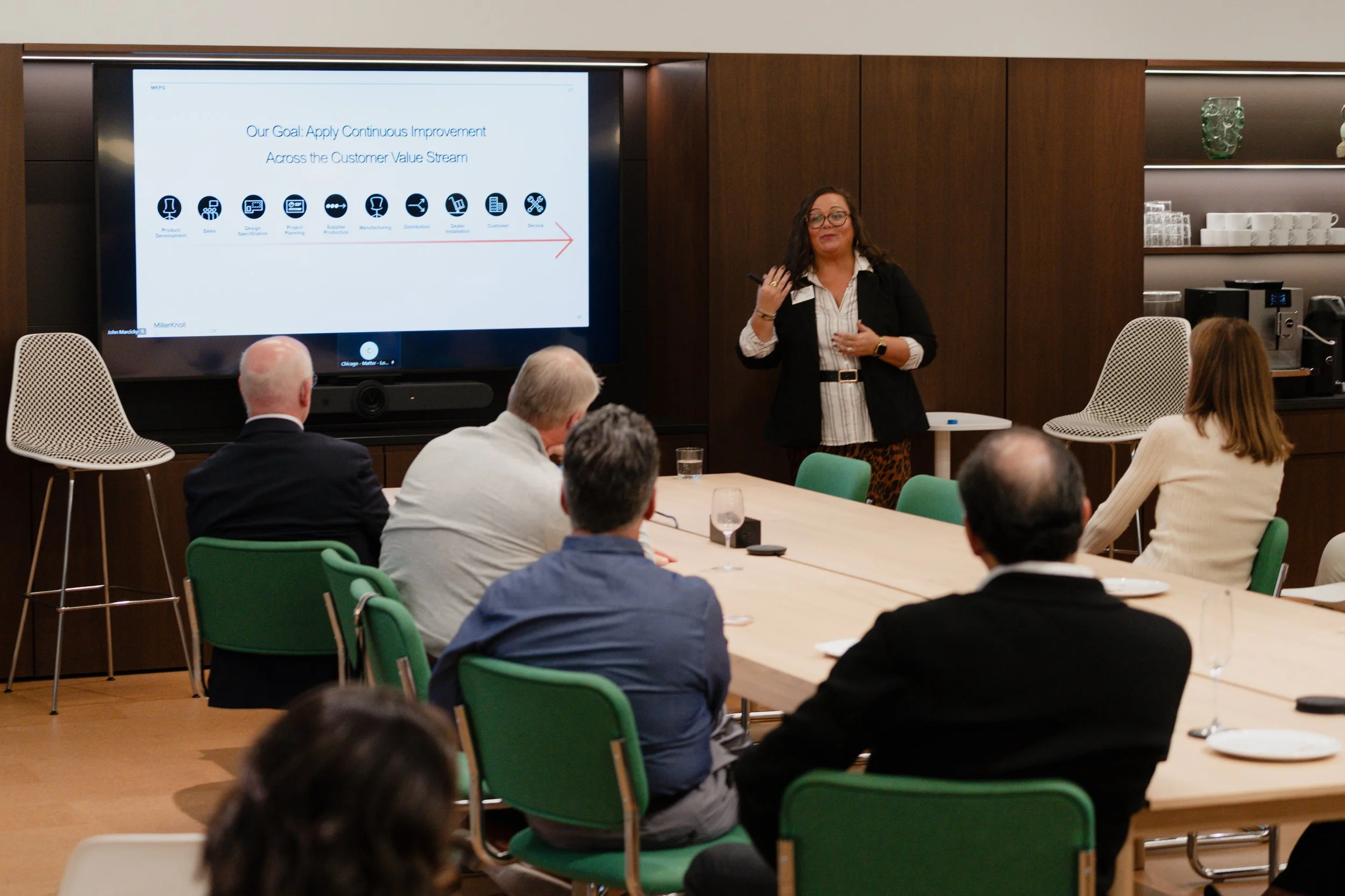 A woman giving a presentation to a group of people in a conference room, with a large screen displaying a slide about continuous improvement across the customer value stream.